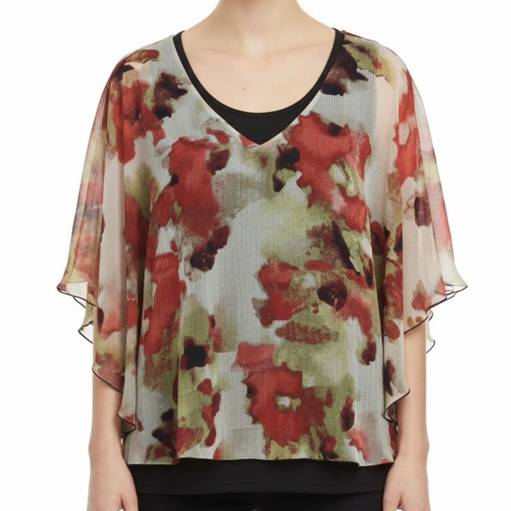 Zac & Rachel Blouse Womens 2X Black Red‎ Green Abstract Floral Overlay Top Plus